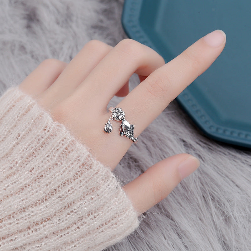 925 Sterling Silver Koi Fish Ring | Adjustable Lotus Ring