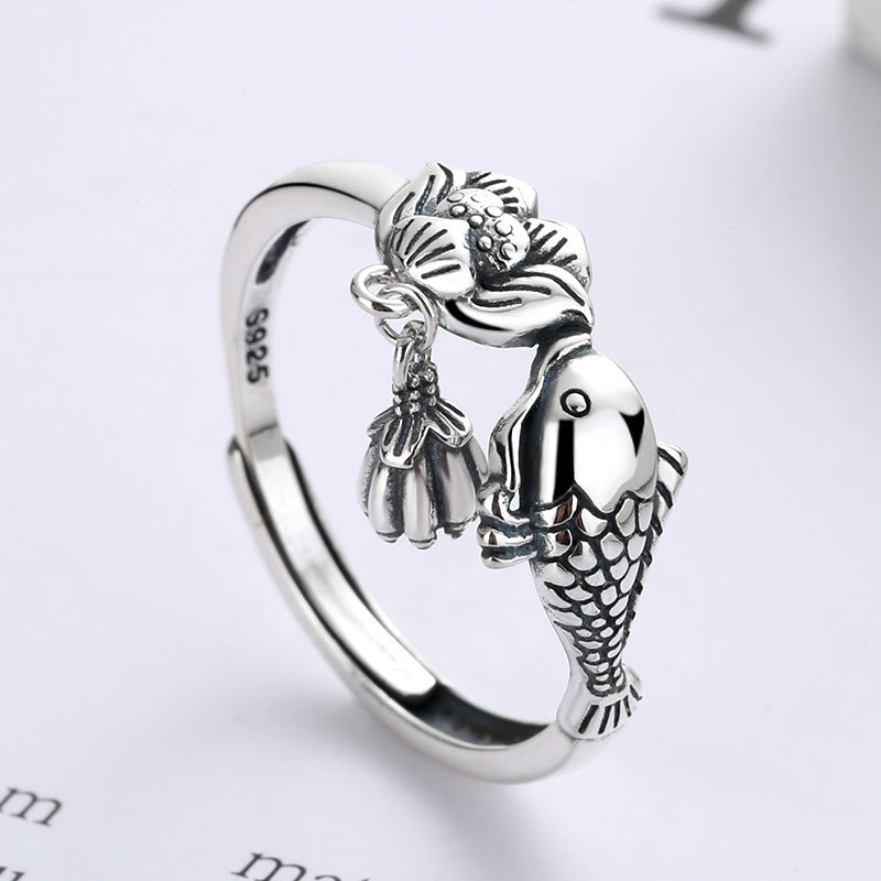 925 Sterling Silver Koi Fish Ring | Adjustable Lotus Ring