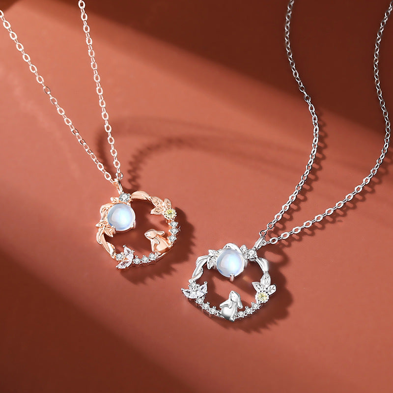 925 Sterling Silver Rabbit Pendant Necklace with Moonstone Bunny