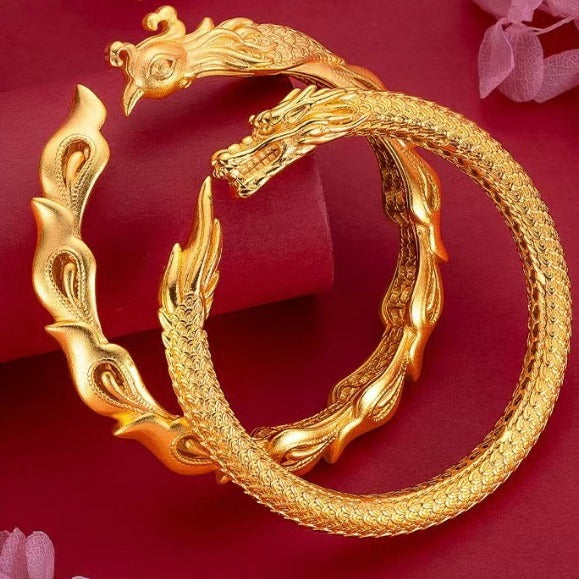 Gold-Plated Chinese Dragon & Phoenix Wedding Bracelets
