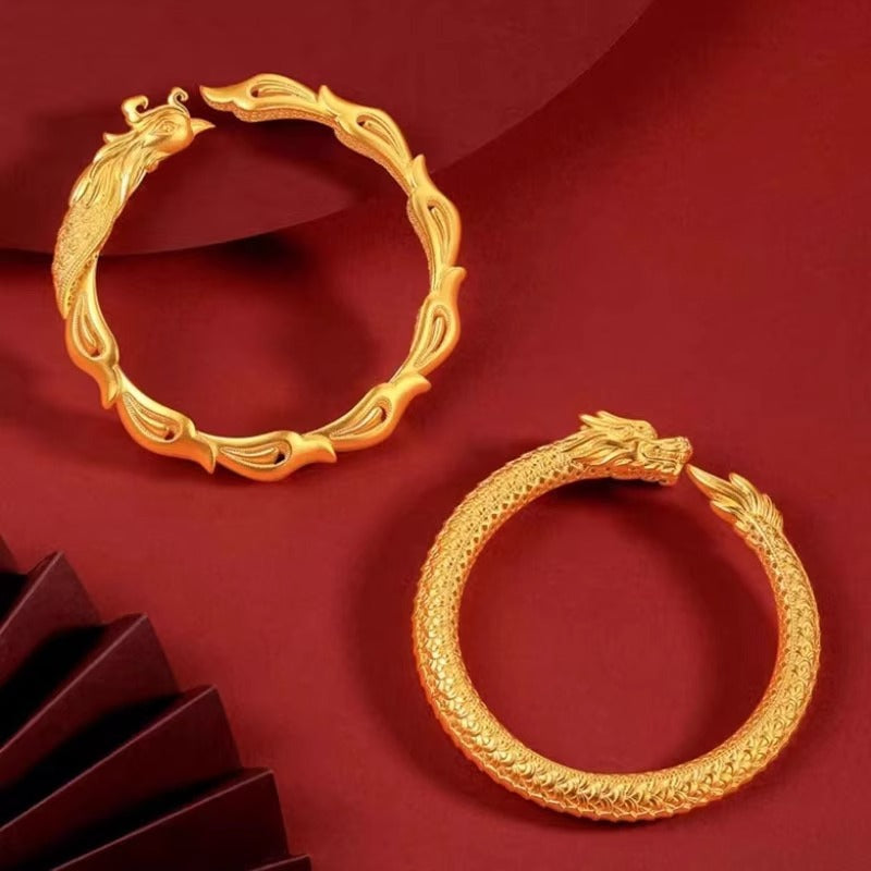 Gold-Plated Chinese Dragon & Phoenix Wedding Bracelets