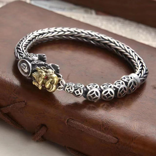 Chinese Pixiu Bracelet | Silver-Tone Dragon Bone Chain