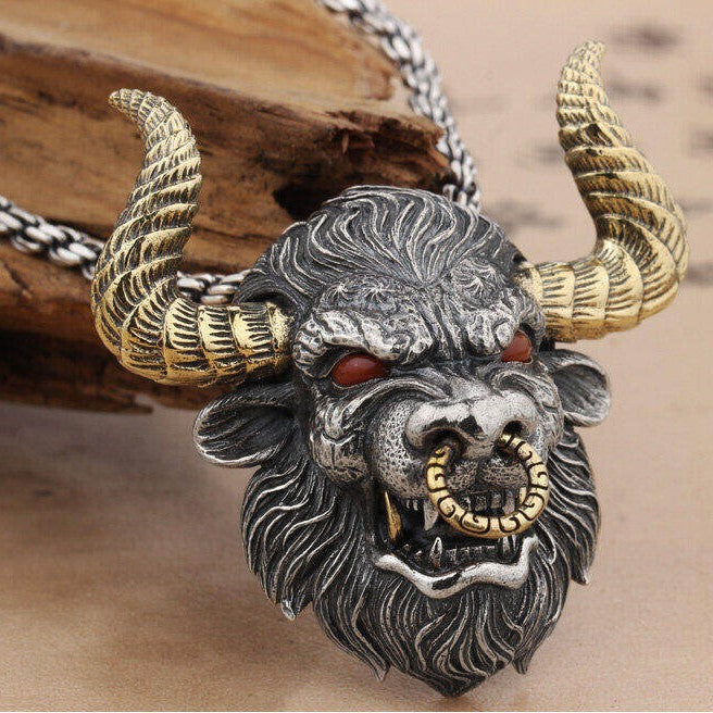 Chinese Zodiac Ox Pendant Necklace | Vintage Silver Bull Head