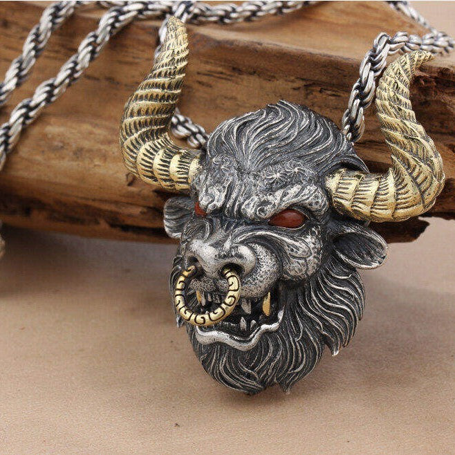 Chinese Zodiac Ox Pendant Necklace | Vintage Silver Bull Head