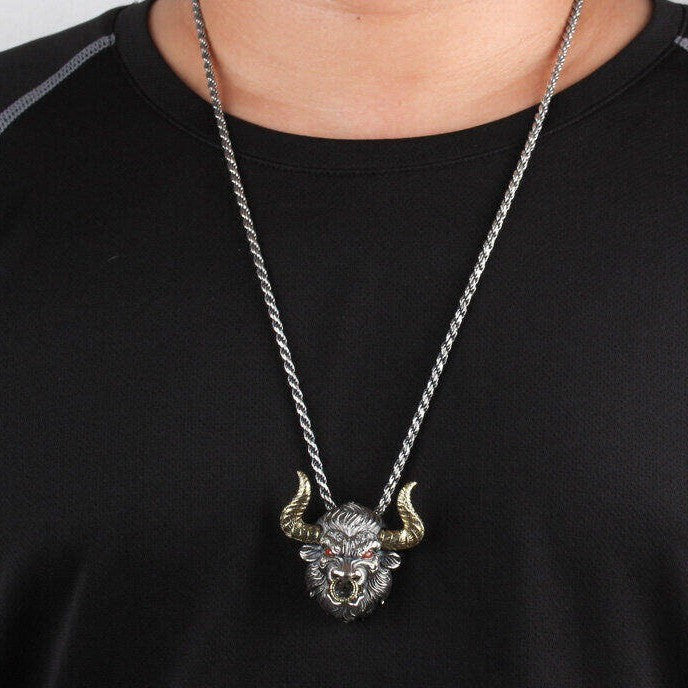 Chinese Zodiac Ox Pendant Necklace | Vintage Silver Bull Head