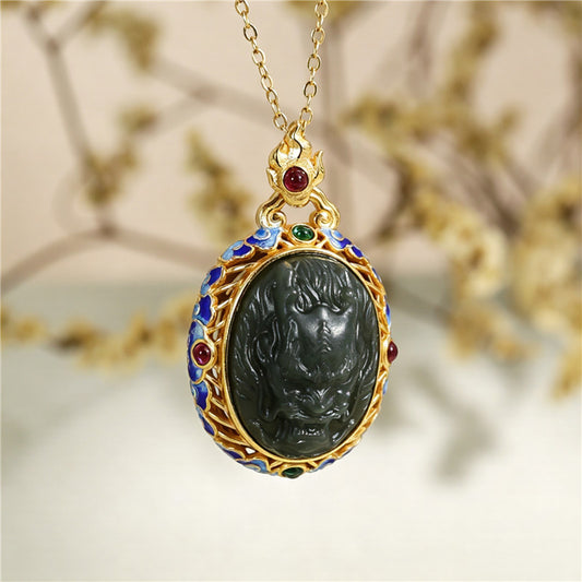 Dragon Incense Sachet Pendant — Hetian Jade & Sterling Silver