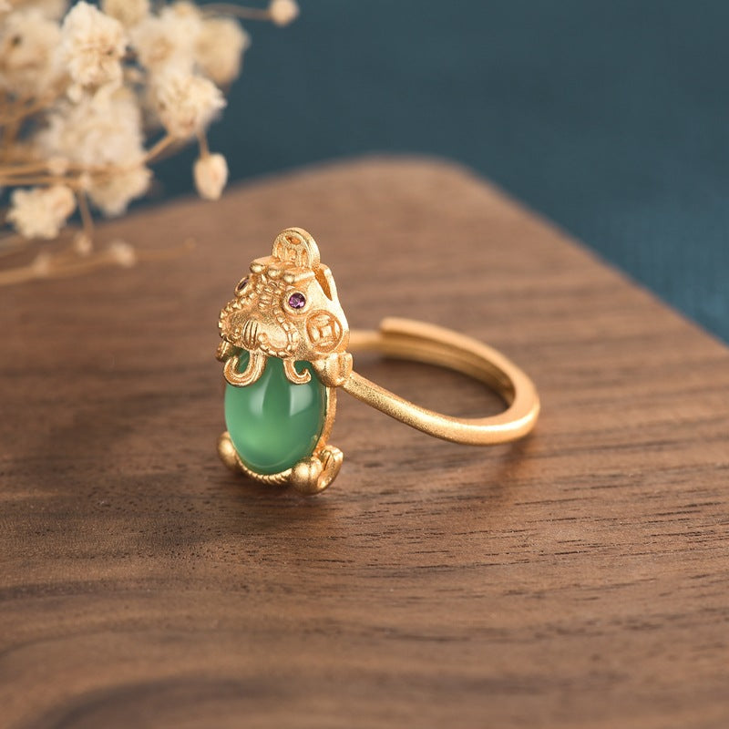 Gold-plated Pixiu Ring with Jade Inlay
