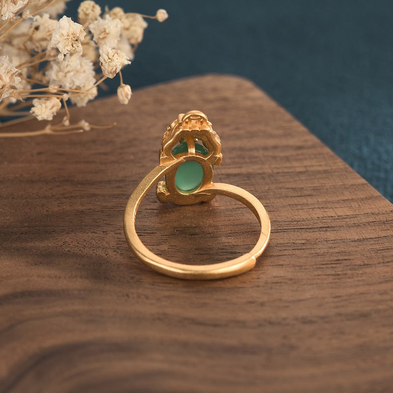 Gold-plated Pixiu Ring with Jade Inlay