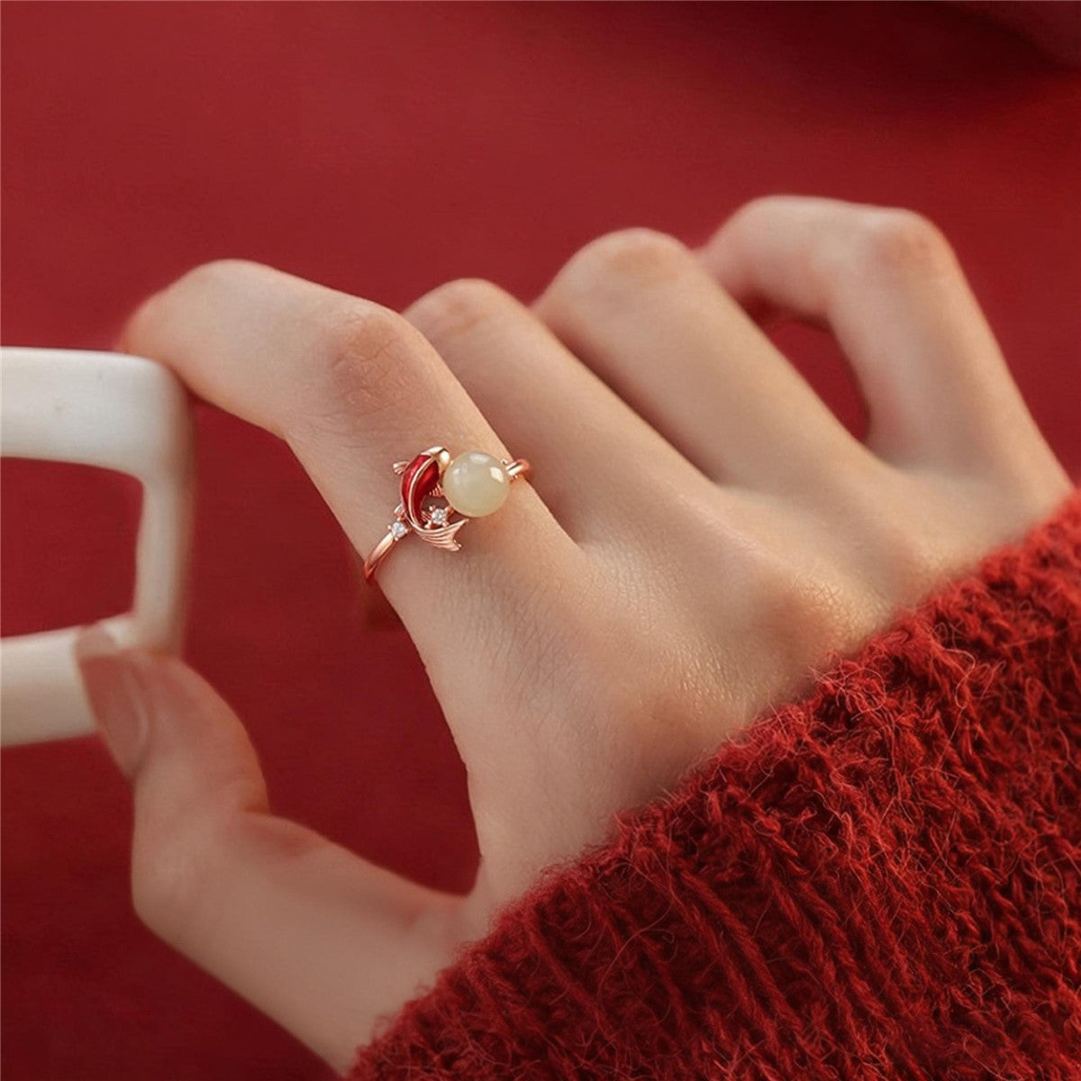 Jade Koi Fish Ring | Adjustable Gold Koi Ring