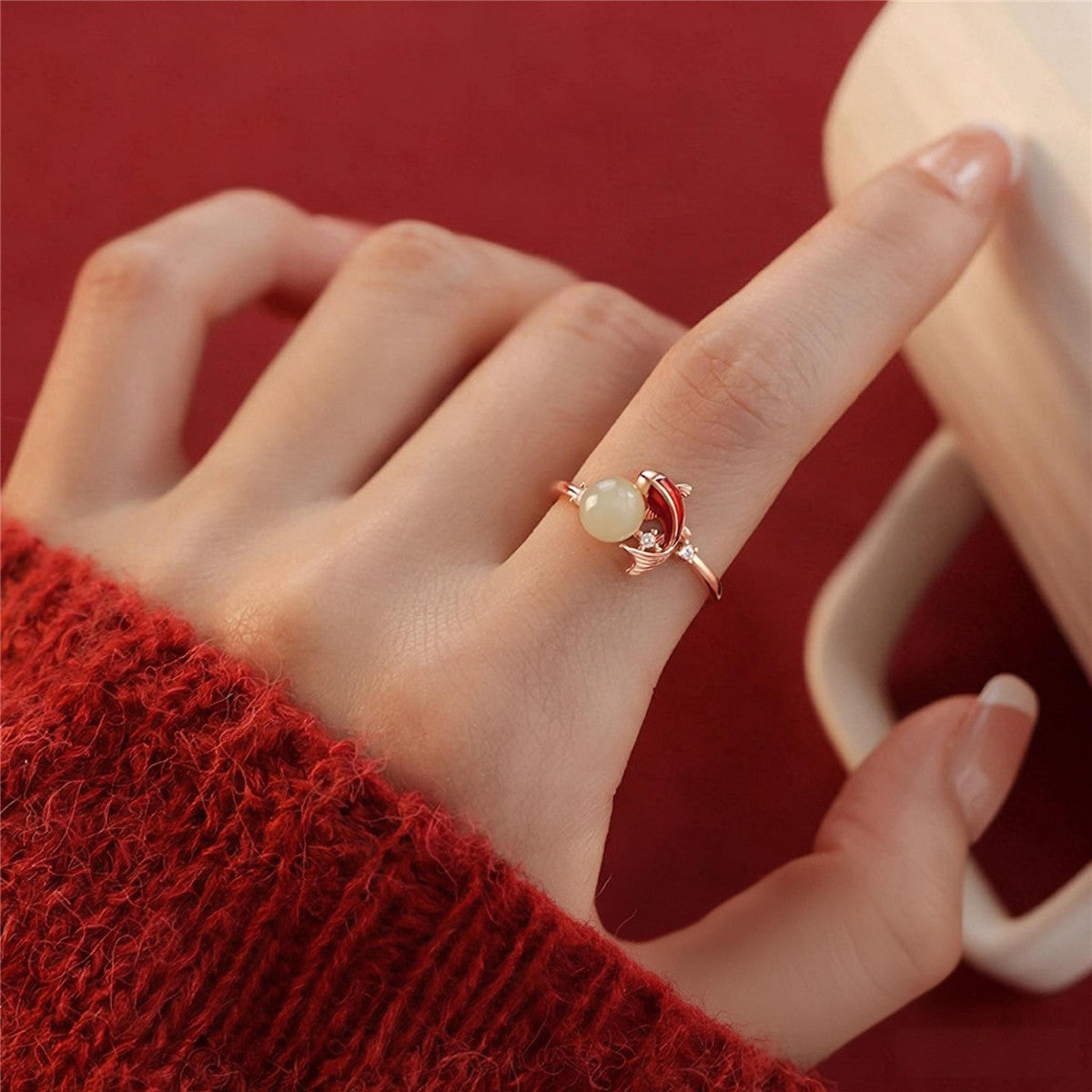 Jade Koi Fish Ring | Adjustable Gold Koi Ring