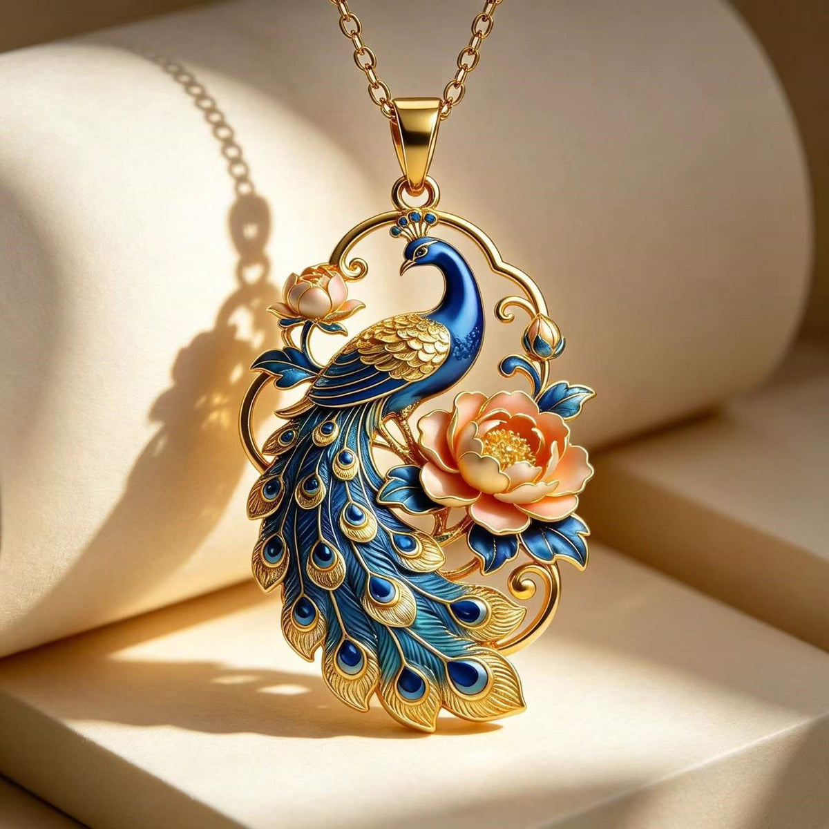 Peacock & Peony Pendant Necklace | Chinese Enamel Jewelry