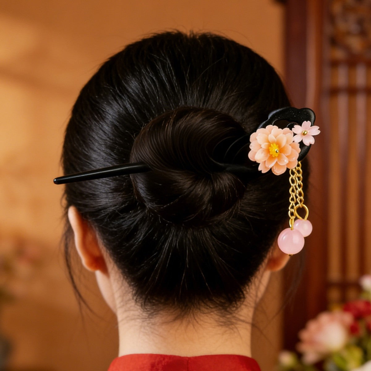 Peony Hair Stick with Tassel - Wooden Chinese Hairpin