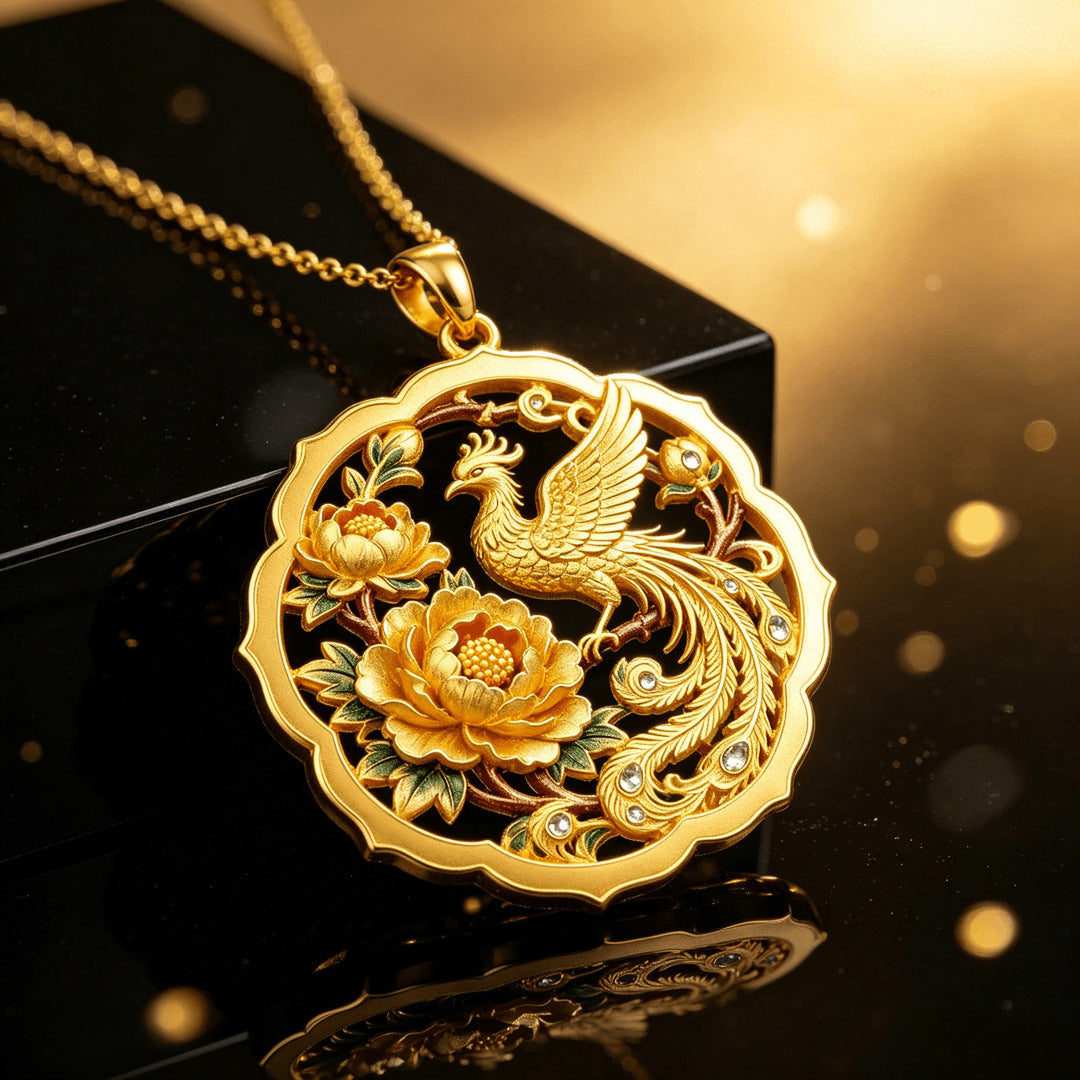 Chinese Phoenix & Peony Pendant Necklace | Enamel Jewelry