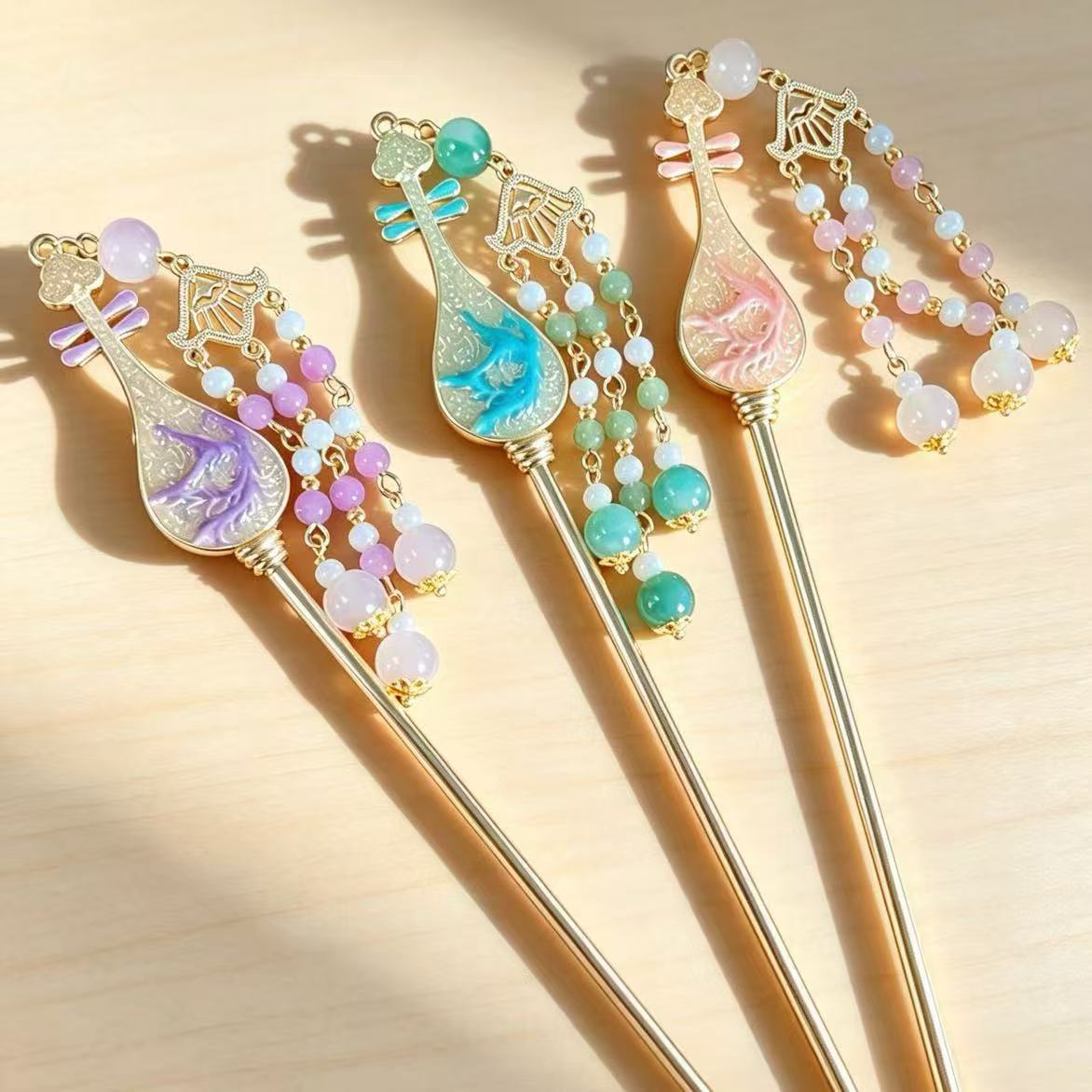 Pipa Hair Stick with Jade-Style Beads