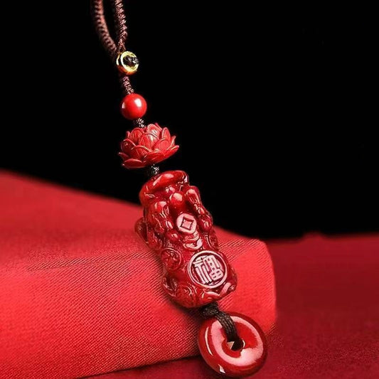 Pixiu & Lotus Cinnabar Keychain