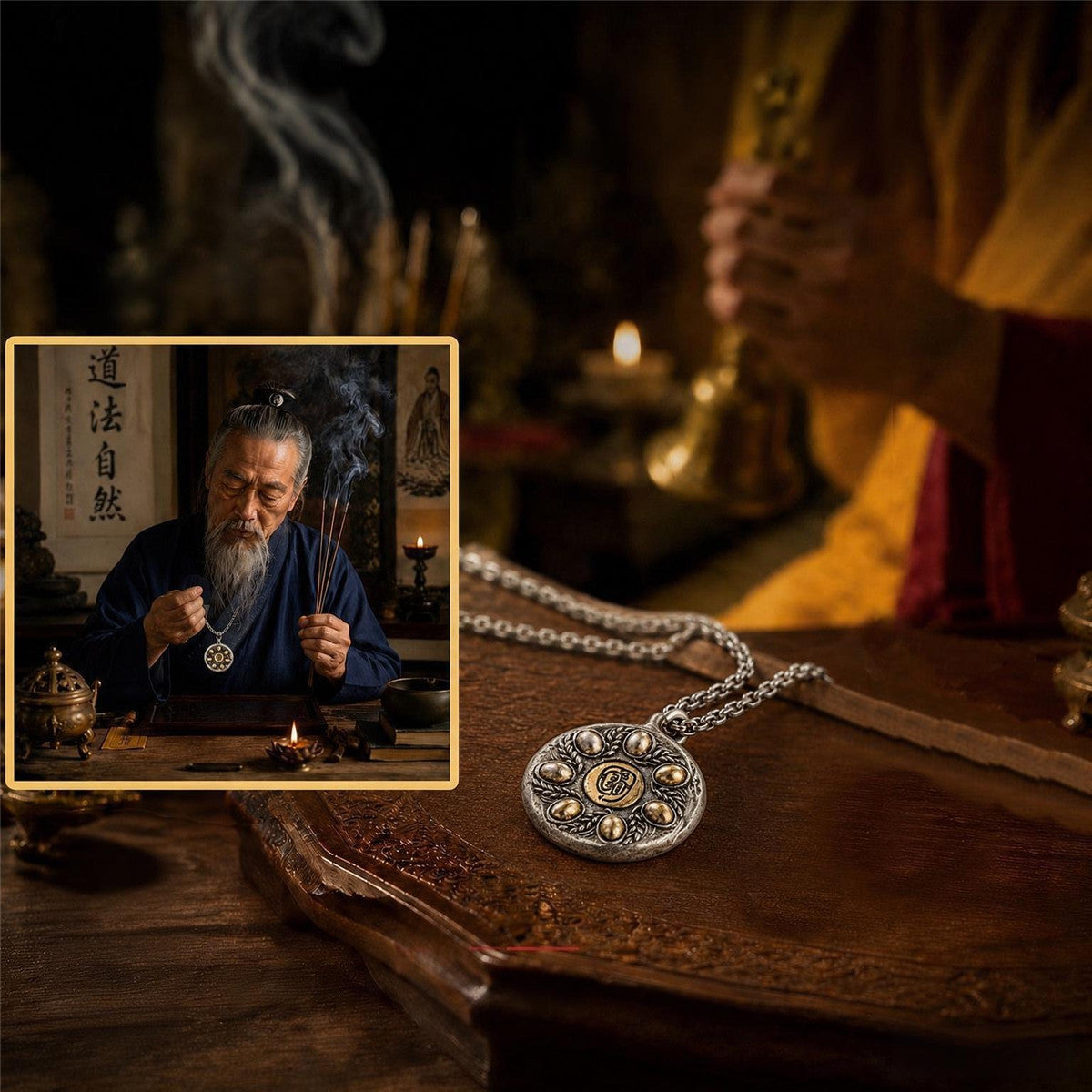Collier pendentif aux sept grains de riz | Amulette porte-bonheur taoïste