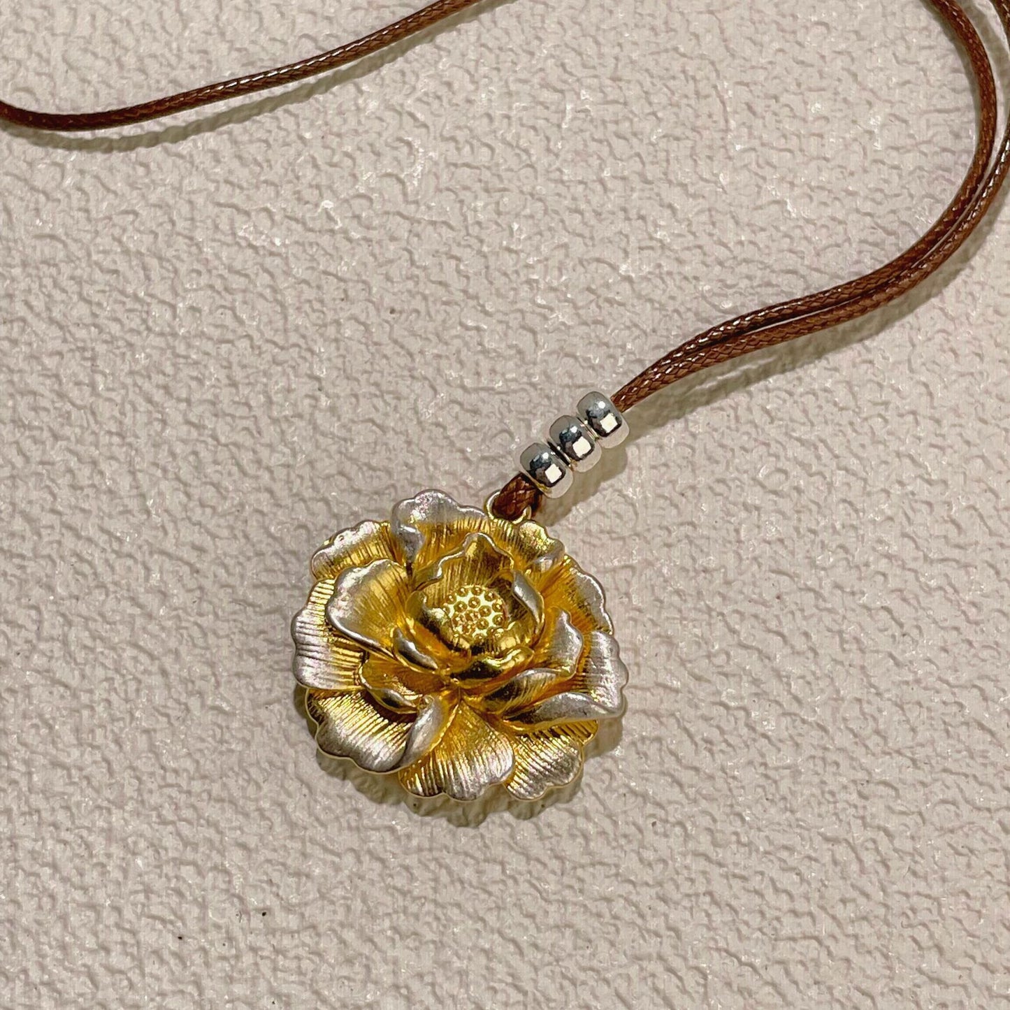 S990 Silver Peony Pendant Necklace | Gold Vermeil Chinese Jewelry