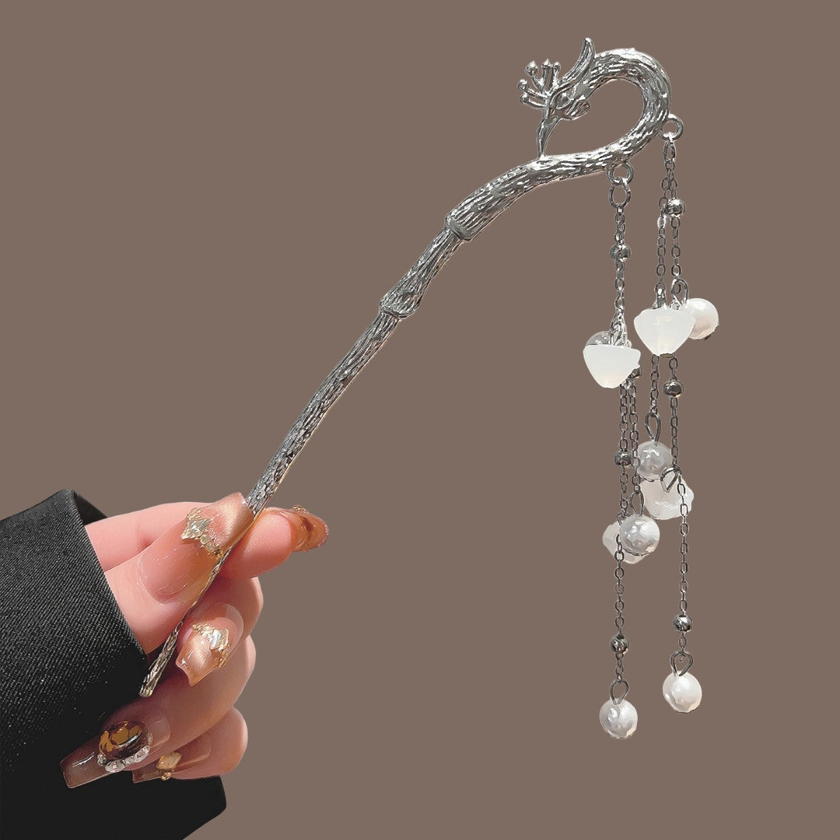 Silver Phoenix Hair Stick with Floral Tassels