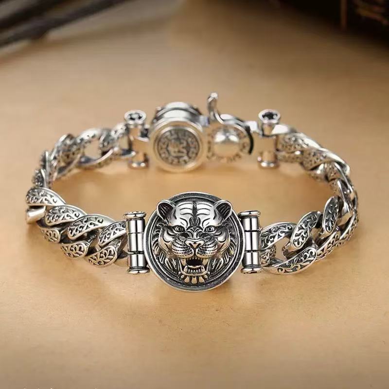 Silver-Plated Tiger Head Bracelet | Chinese Tiger Cuff