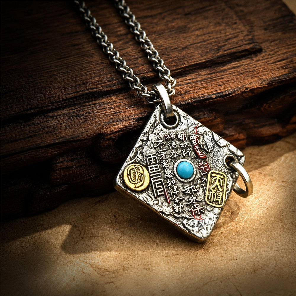 Taoist Bagua Amulet Pendant with Turquoise | Vintage-Inspired Shan Gui Charm