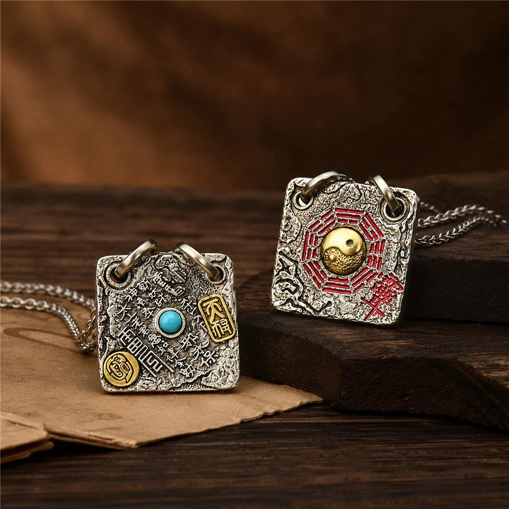 Taoist Bagua Amulet Pendant with Turquoise | Vintage-Inspired Shan Gui Charm