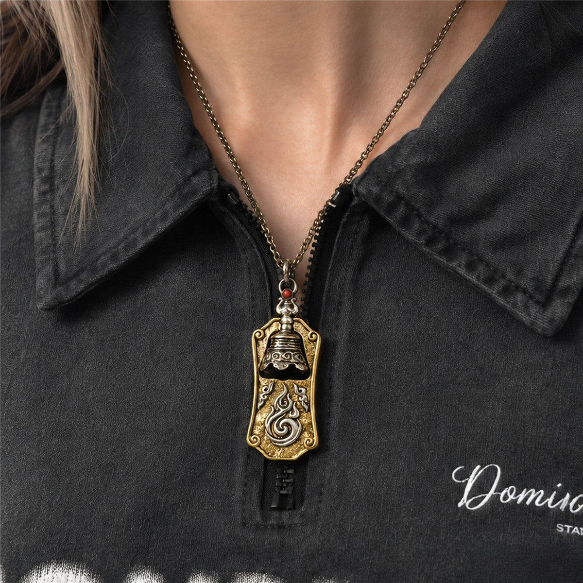 Taoist Sanqing Bell Pendant Necklace – Vintage Brass Amulet
