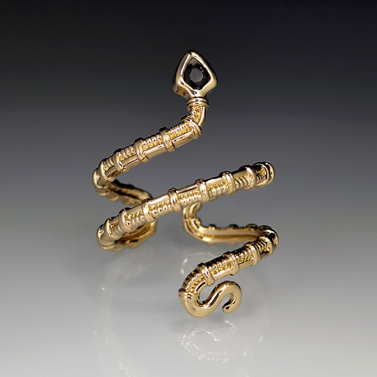 Vintage Gold-Plated Zodiac Snake Ring | Adjustable Black Zircon Serpent Ring