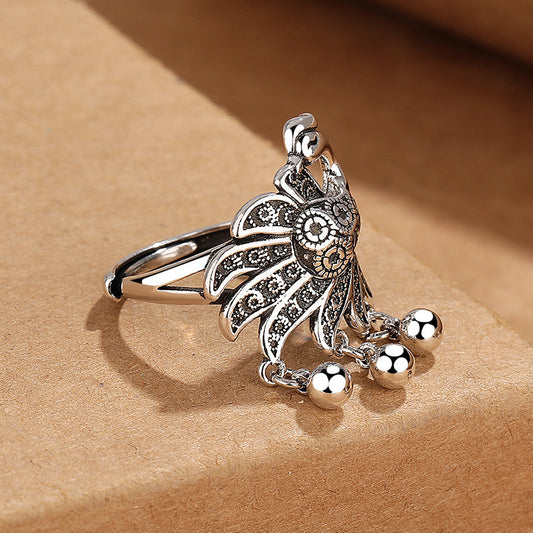 Vintage Phoenix Tassel Ring | Adjustable Antique Silver