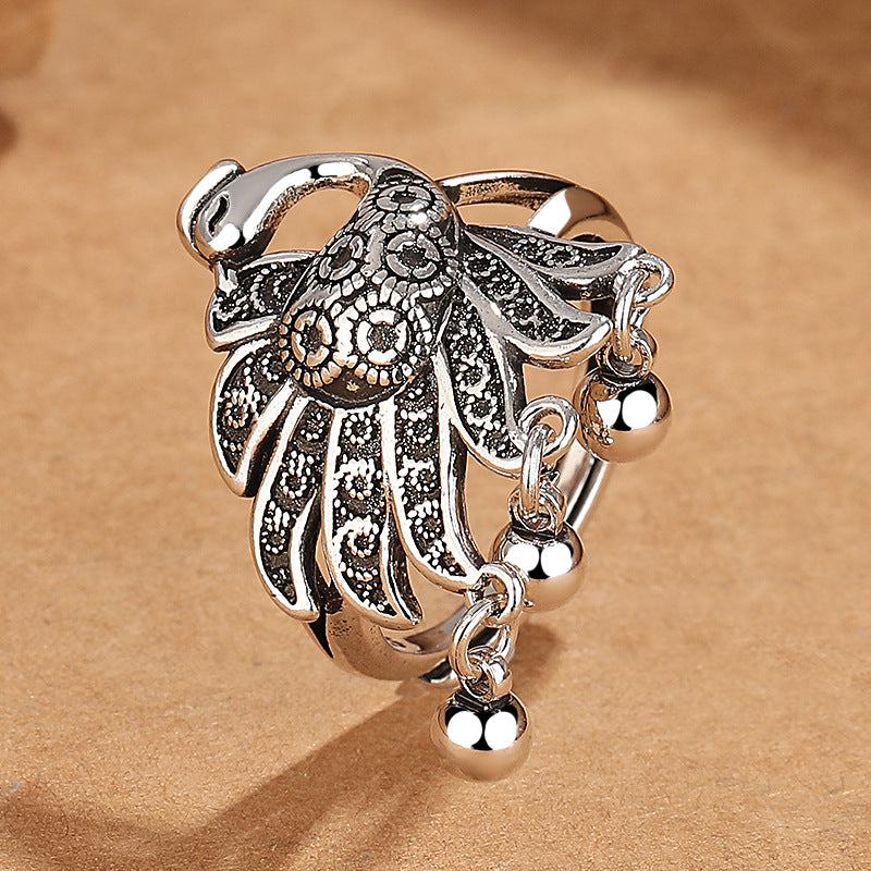 Vintage Phoenix Tassel Ring | Adjustable Antique Silver