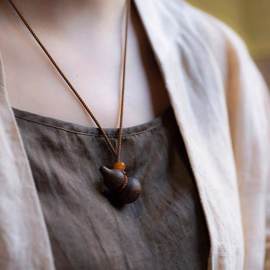 Wood Gourd Pendant Necklace | Chinese Hulu Lucky Charm