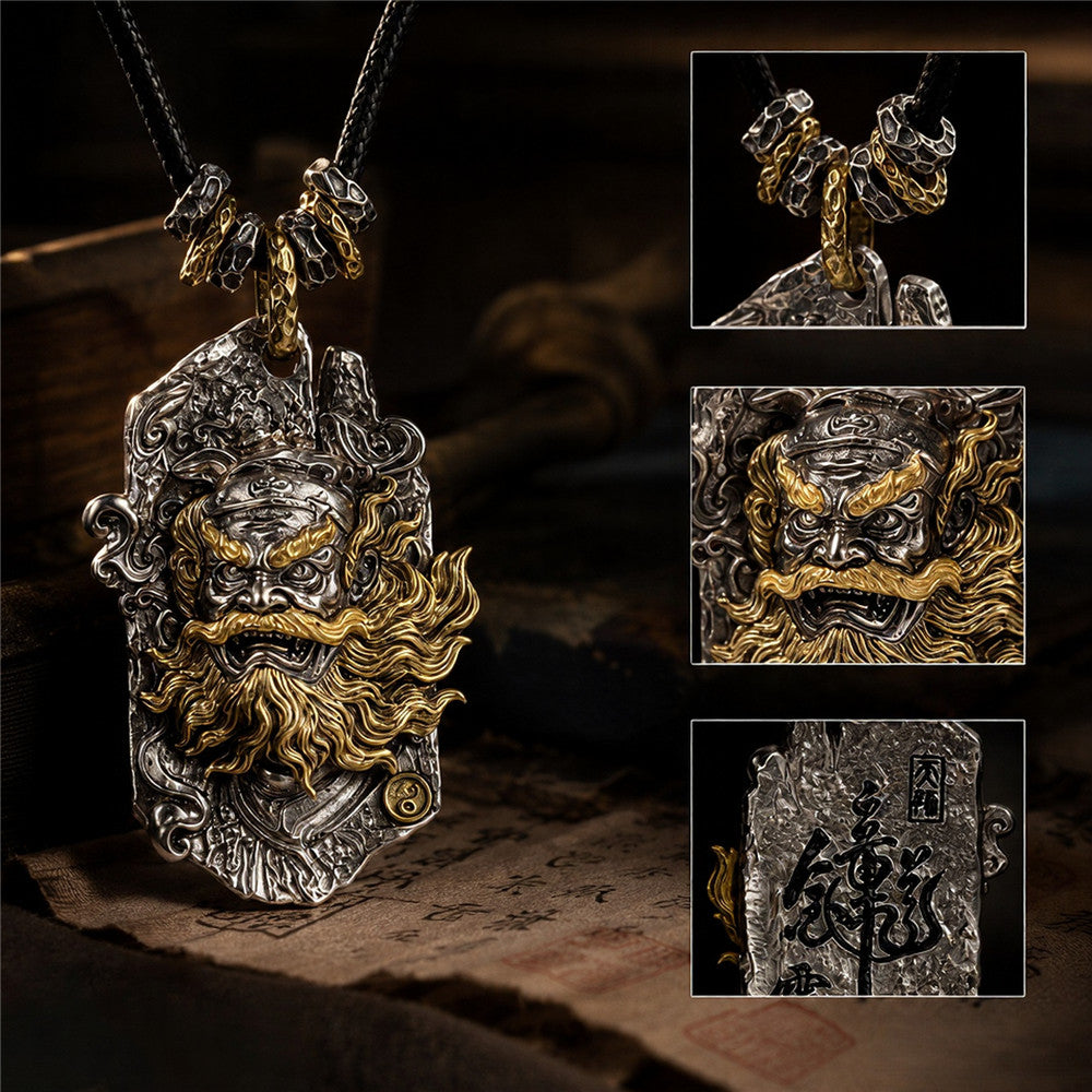 Zhong Kui Pendant Necklace | Antiqued Brass Taoist Amulet
