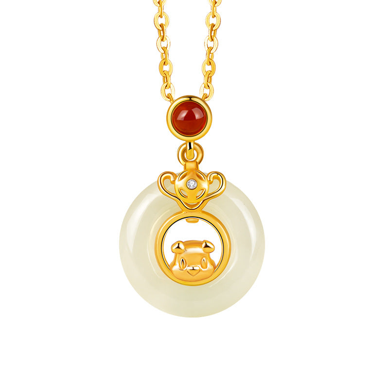 Chinese Zodiac Pendant Necklace | 925 Sterling Silver, Red Agate & Hetian Jade