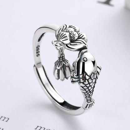 925 Sterling Silver Koi Fish Ring | Adjustable Lotus Ring