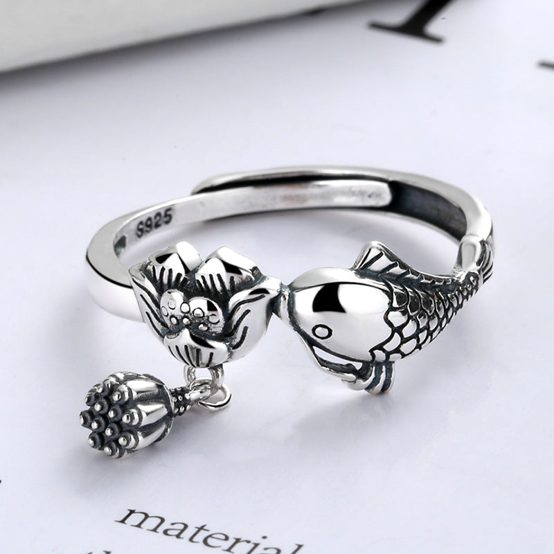 925 Sterling Silver Koi Fish Ring | Adjustable Lotus Ring