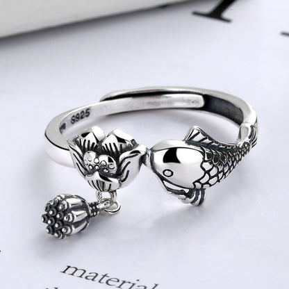 925 Sterling Silver Koi Fish Ring | Adjustable Lotus Ring