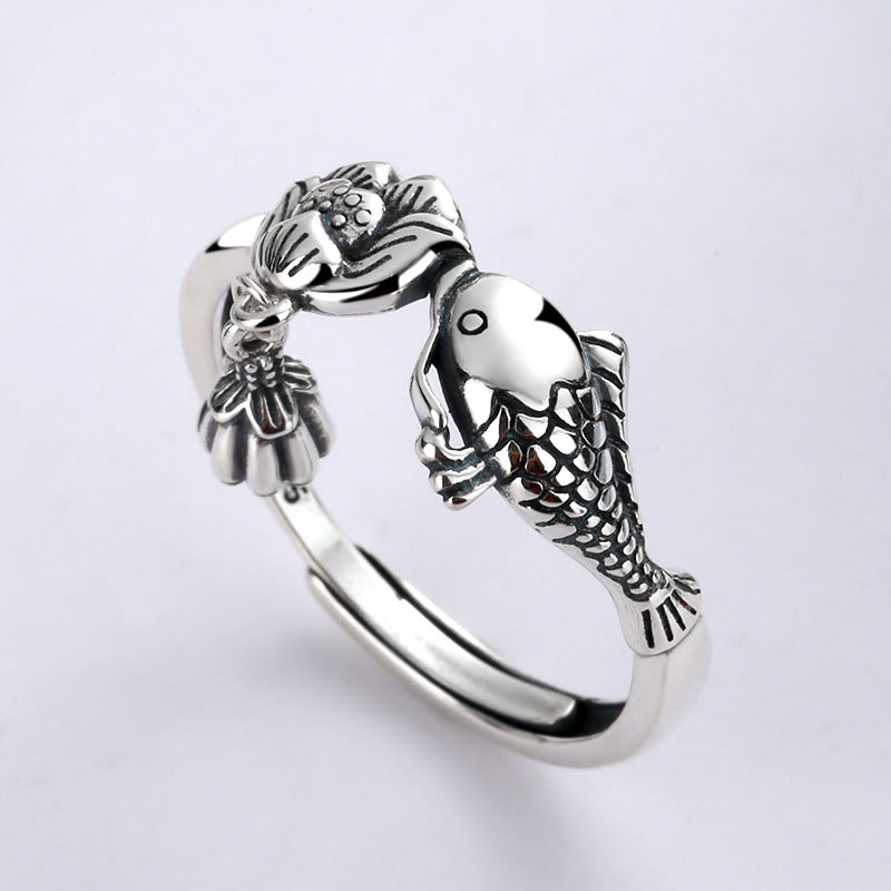 925 Sterling Silver Koi Fish Ring | Adjustable Lotus Ring