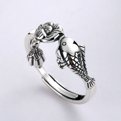 925 Sterling Silver Koi Fish Ring | Adjustable Lotus Ring