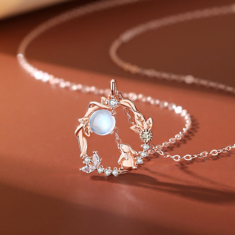 925 Sterling Silver Rabbit Pendant Necklace with Moonstone Bunny