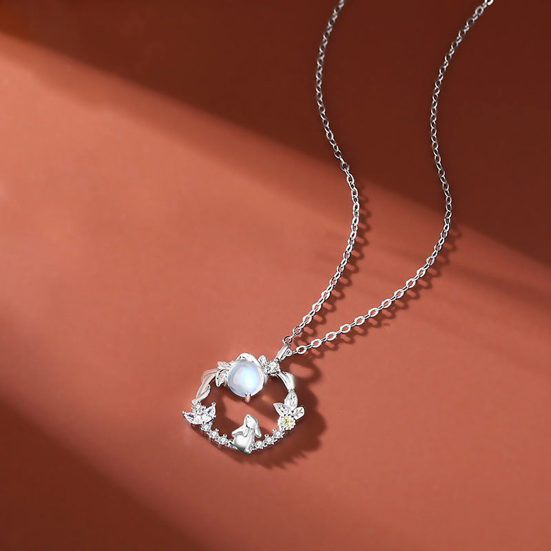 925 Sterling Silver Rabbit Pendant Necklace with Moonstone Bunny