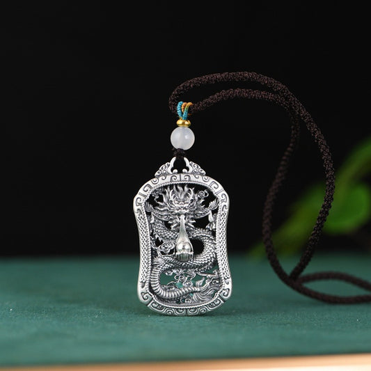 925 Sterling Silver Zodiac Dragon Pendant Necklace with Braided Rope Chain