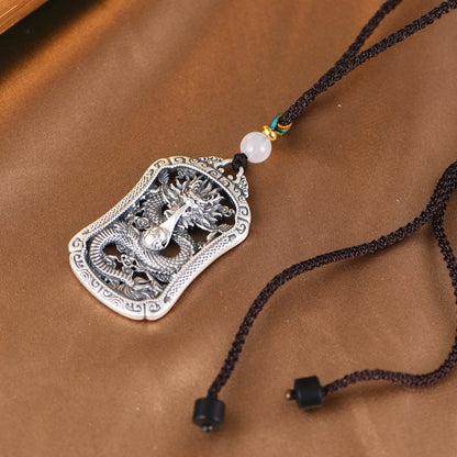 925 Sterling Silver Zodiac Dragon Pendant Necklace with Braided Rope Chain