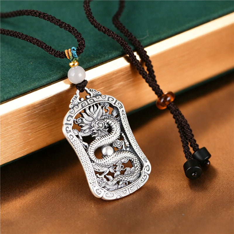 925 Sterling Silver Zodiac Dragon Pendant Necklace with Braided Rope Chain