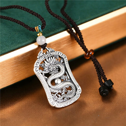 925 Sterling Silver Zodiac Dragon Pendant Necklace with Braided Rope Chain