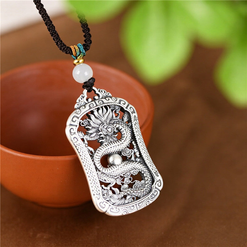 925 Sterling Silver Zodiac Dragon Pendant Necklace with Braided Rope Chain