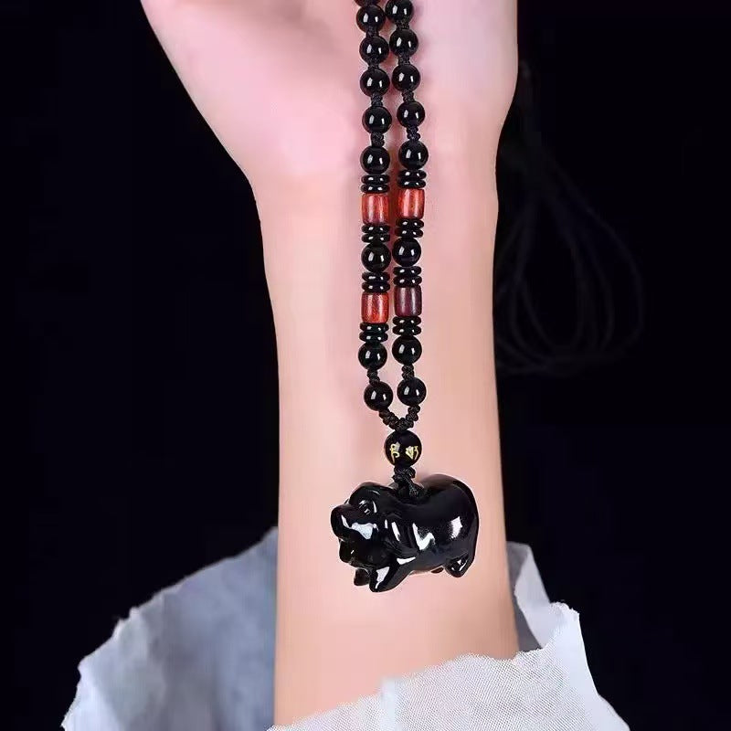 Black Obsidian Pig Necklace | Chinese Zodiac Jewelry