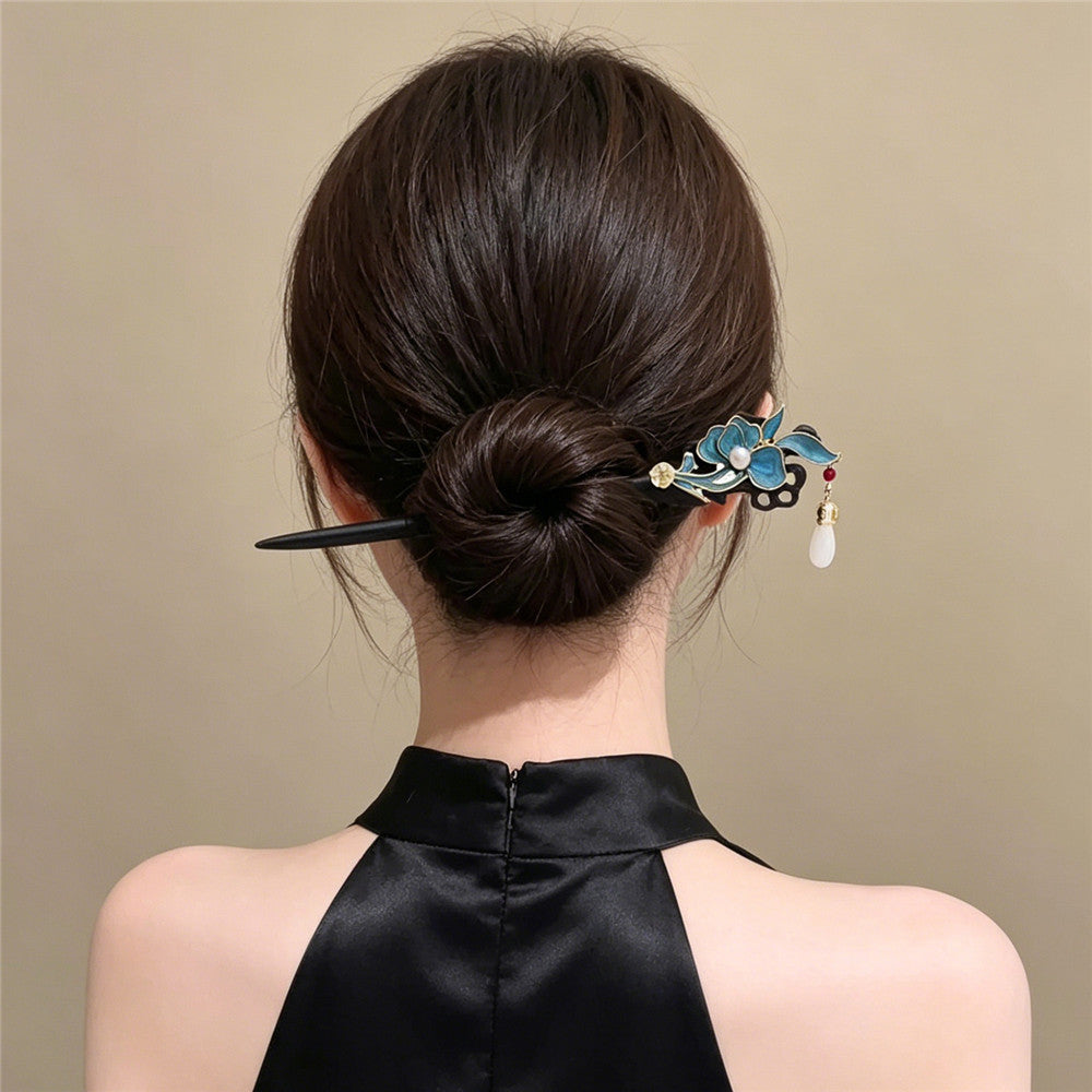 Bâtonnet de Cheveux Chinois Fleur Bleue pour Chignons & Coiffures Relevées