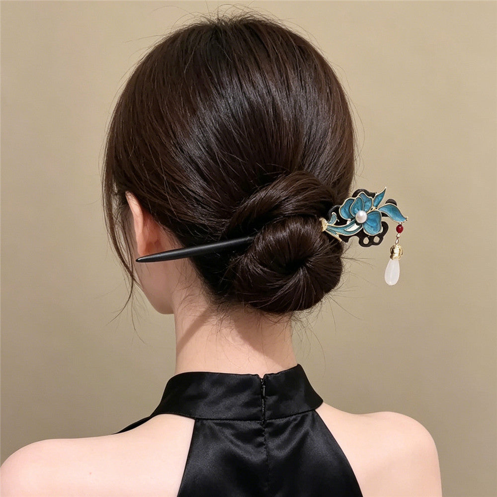 Bâtonnet de Cheveux Chinois Fleur Bleue pour Chignons & Coiffures Relevées
