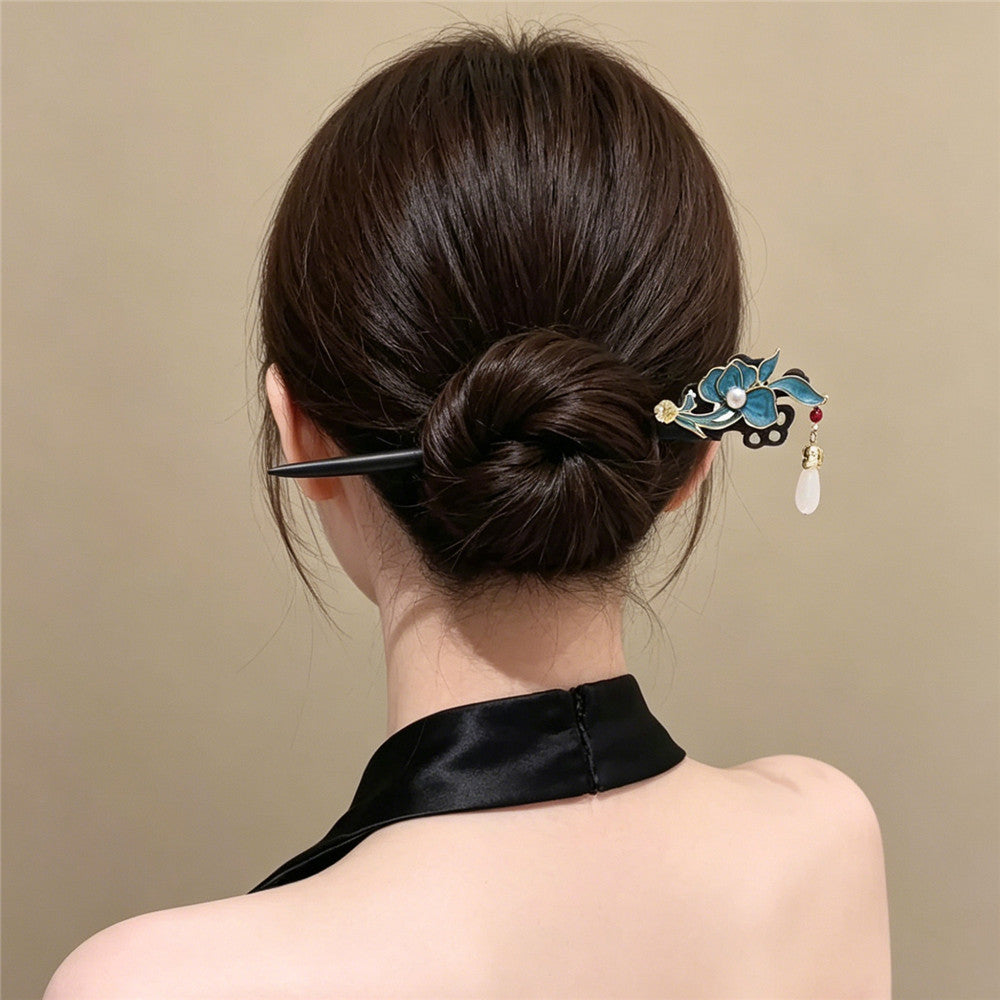 Bâtonnet de Cheveux Chinois Fleur Bleue pour Chignons & Coiffures Relevées
