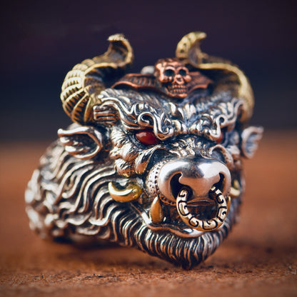 Anillo de cabeza de toro para hombre | Anillo llamativo vintage de cabeza de buey ajustable