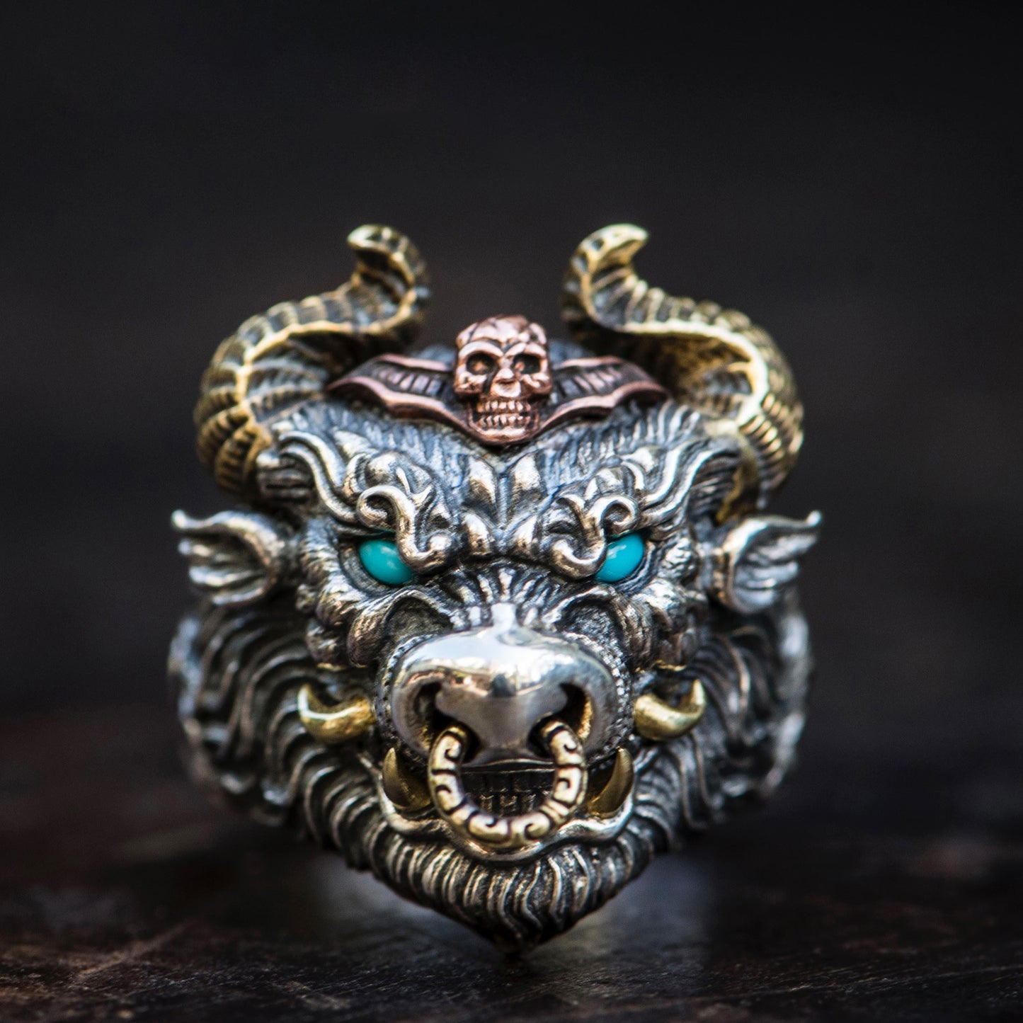 Anillo de cabeza de toro para hombre | Anillo llamativo vintage de cabeza de buey ajustable